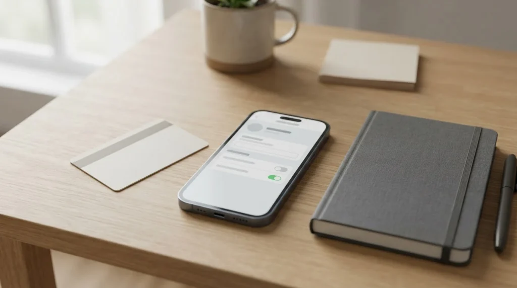 A blank identification card beside a generic mobile account settings screen and a closed notebook