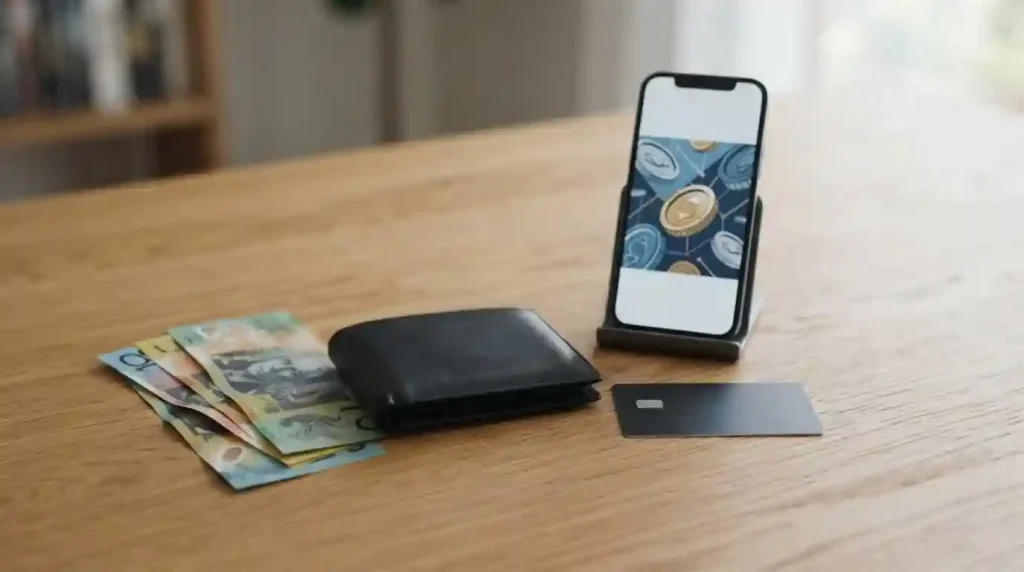 Australian dollar banknotes beside a generic payment card and a phone displaying geometric currency symbols