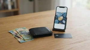 Australian dollar banknotes beside a generic payment card and a phone displaying geometric currency symbols