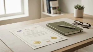 An unbranded certificate beside a notebook and reading glasses on a desk