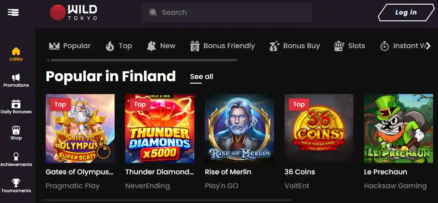 Wild Tokyo website header and casino game-category navigation