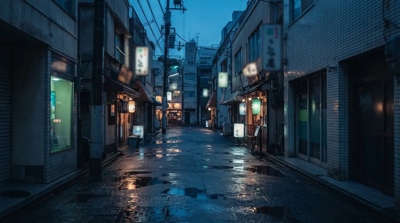 Tokyo streetlights reflected in a rain-soaked lane between modern buildings