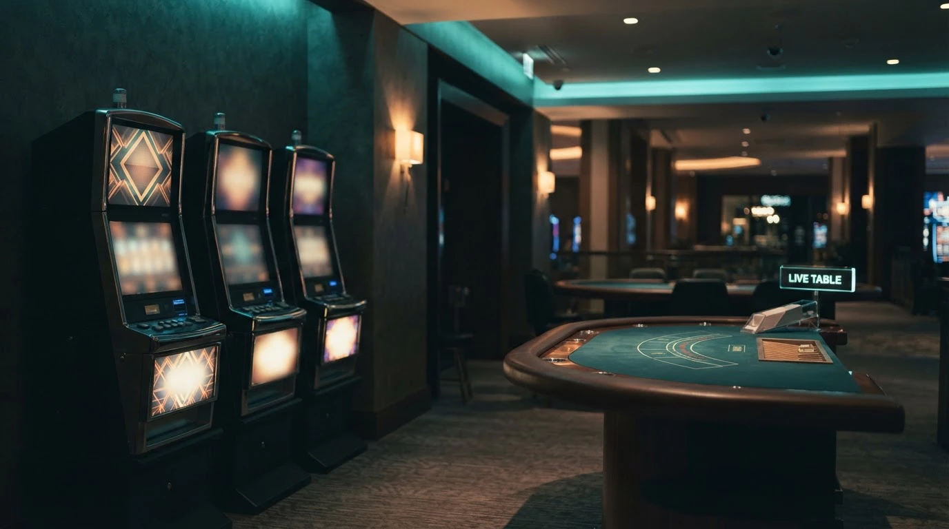 Abstract illuminated slot screens beside a softly lit empty live-dealer table