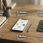Bank card, plain digital wallet screen and abstract coin shapes arranged around an Australian dollar ledger