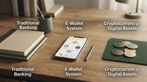Bank card, plain digital wallet screen and abstract coin shapes arranged around an Australian dollar ledger